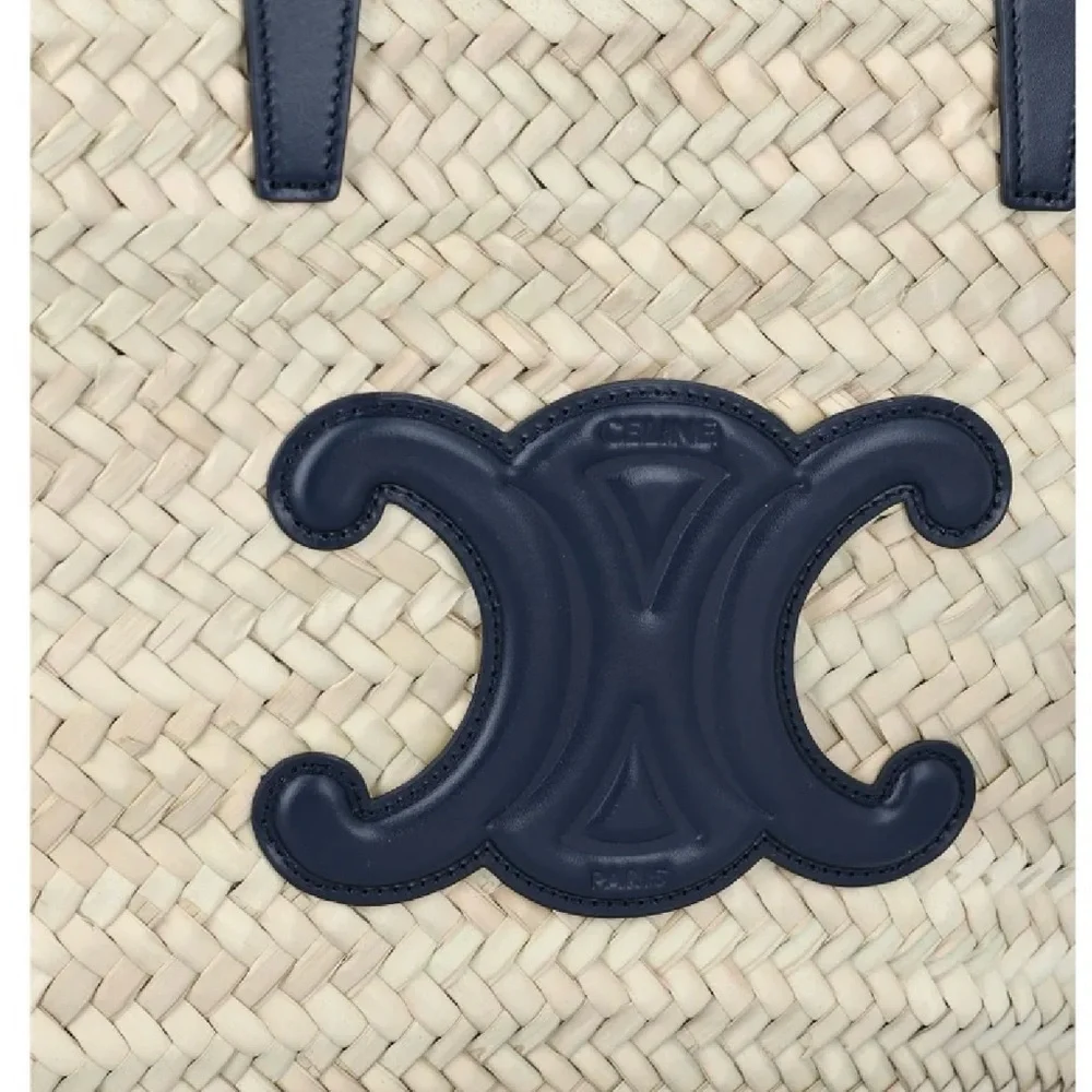 CELINE Triomphe logo leather trimmed raffia tote shoulder bag - Picture 2 of 10